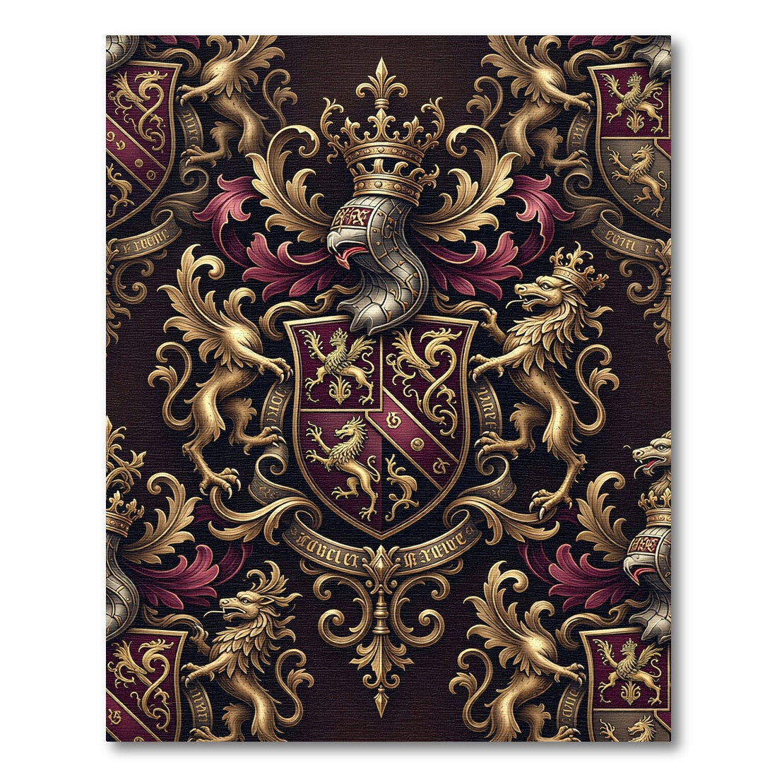 Regal Burgundy Gold Heraldic Crest Tapestry Rug