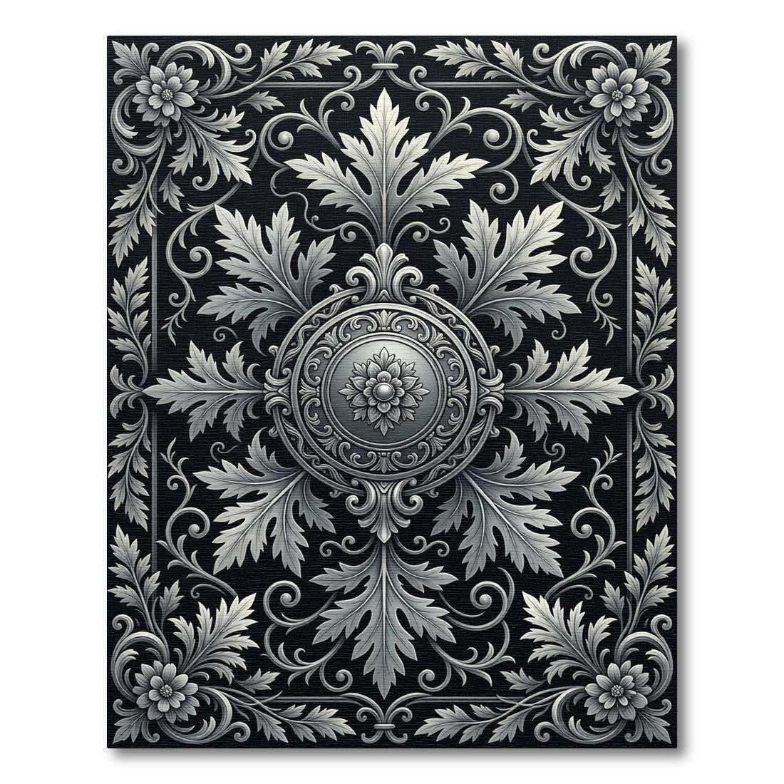 Ornate Floral Scrollwork Black Metallic Rug