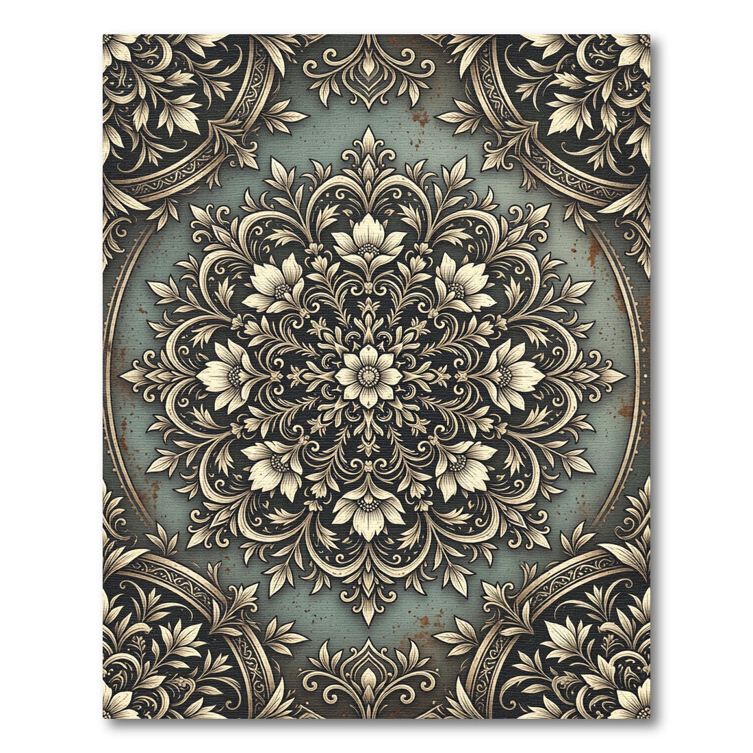 Vintage Sage Floral Medallion Crest Rug