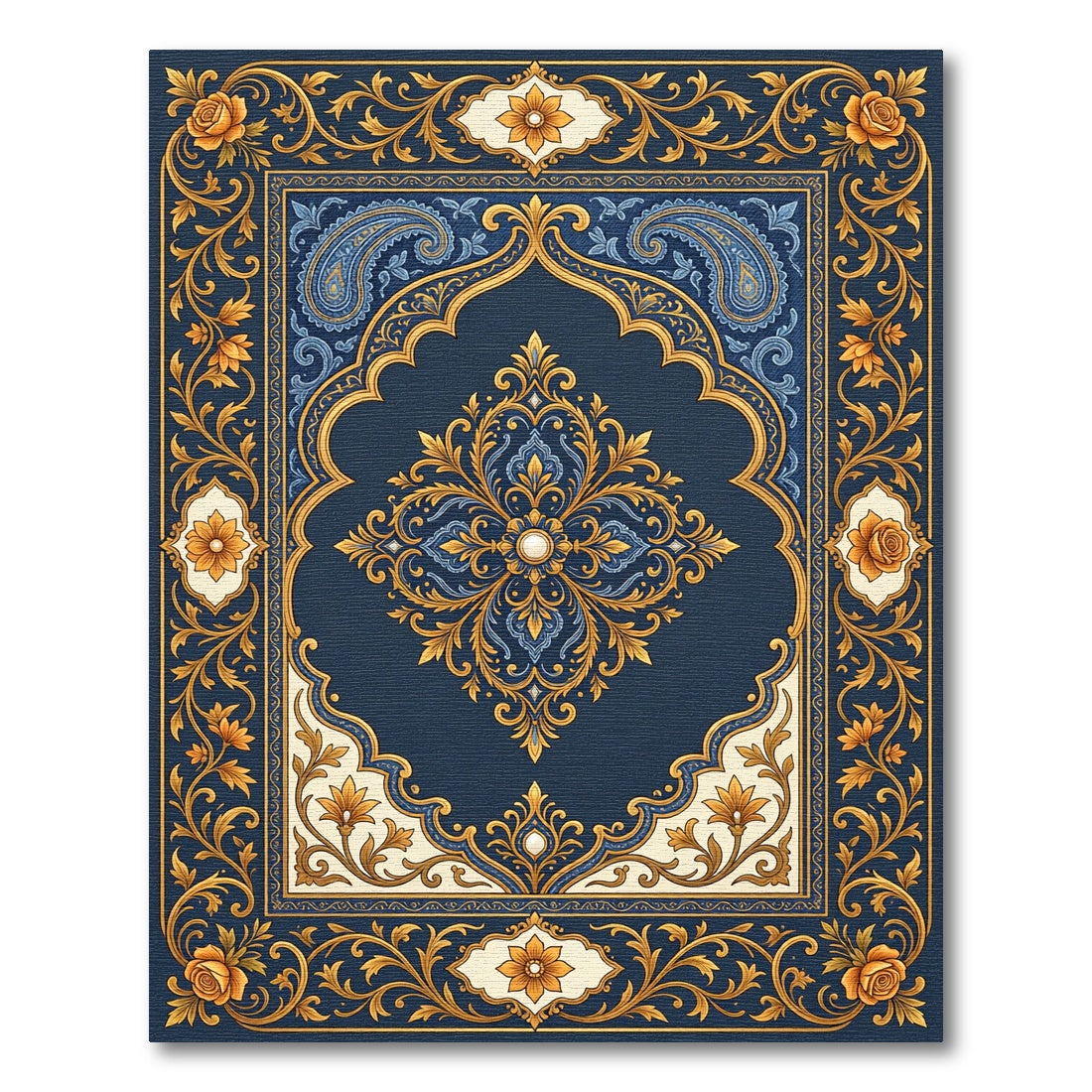 Elegant Navy Gold Floral Damask Area Rug