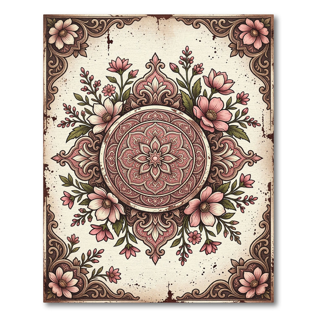 Vintage Dusty Rose Floral Medallion Rug