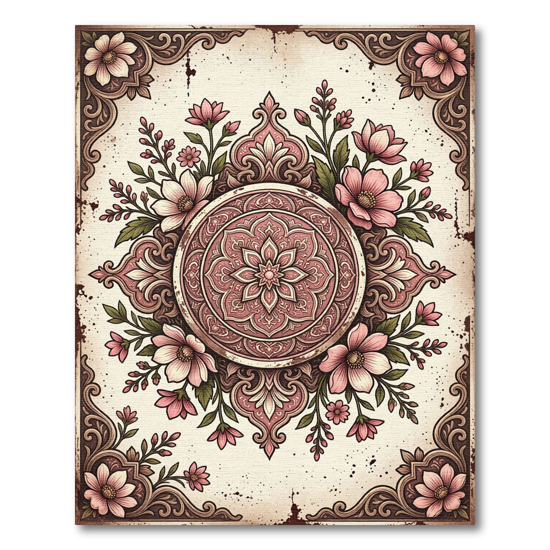 Vintage Dusty Rose Floral Medallion Rug
