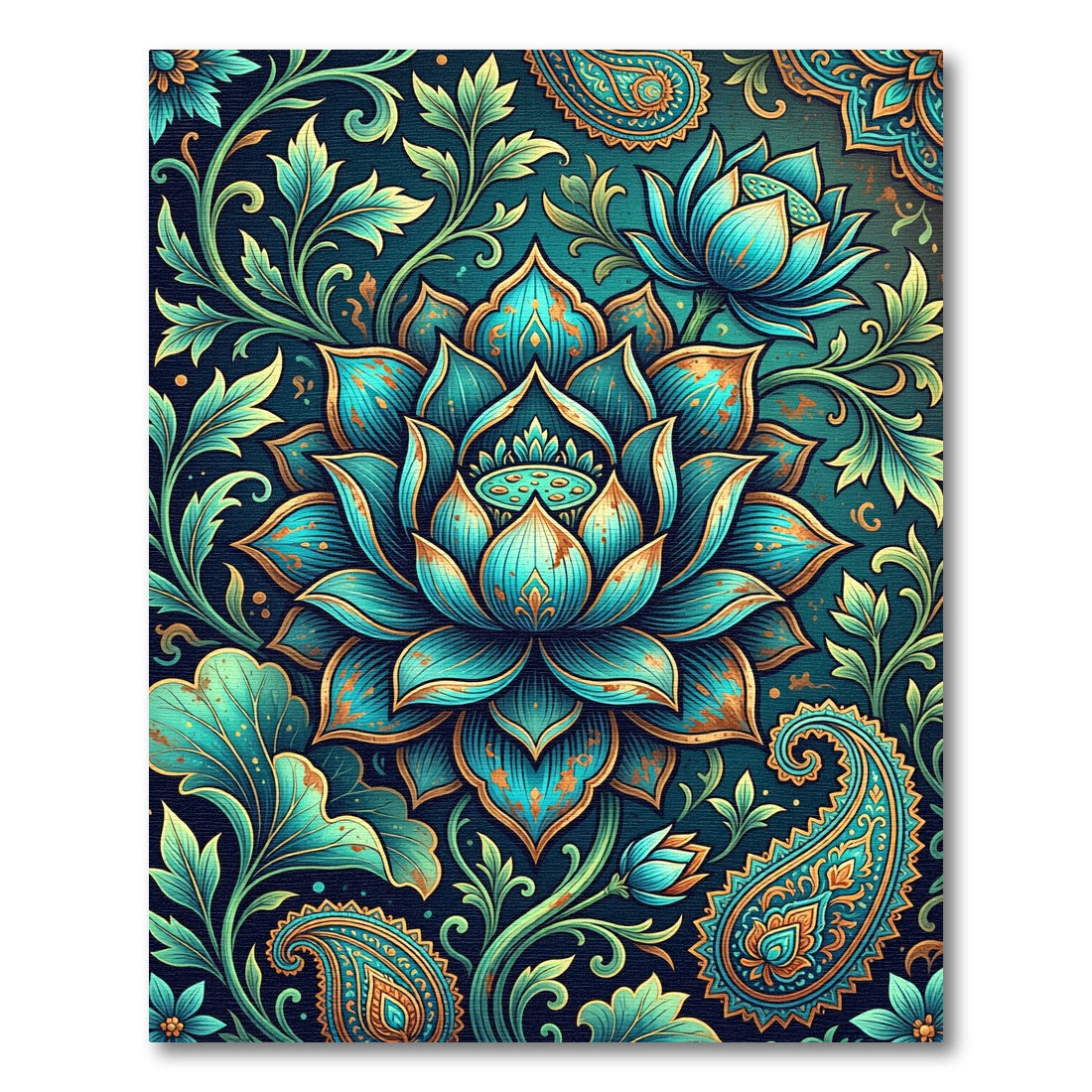 Turquoise Golden Lotus Paisley Floral Rug