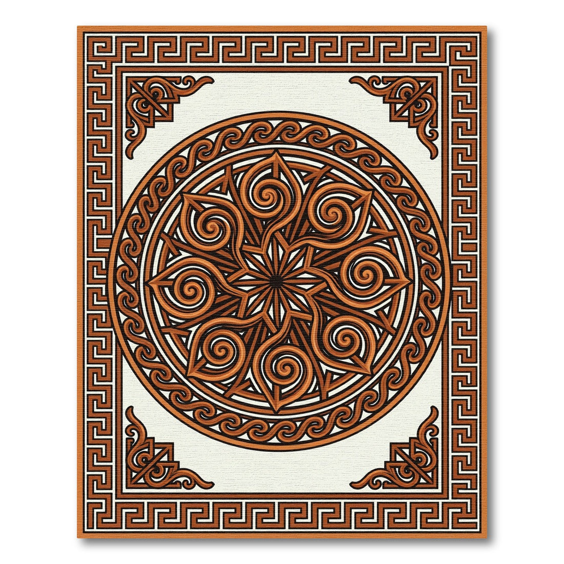 Classic Terracotta Greek Key Spiral Medallion Rug