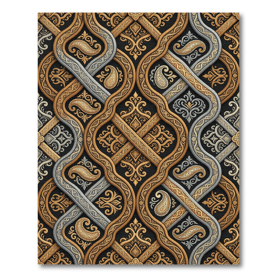 Luxurious Gold And Silver Paisley Swirl Rug