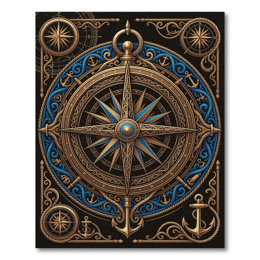 Nautical Golden Compass Navy Blue Medallion Rug