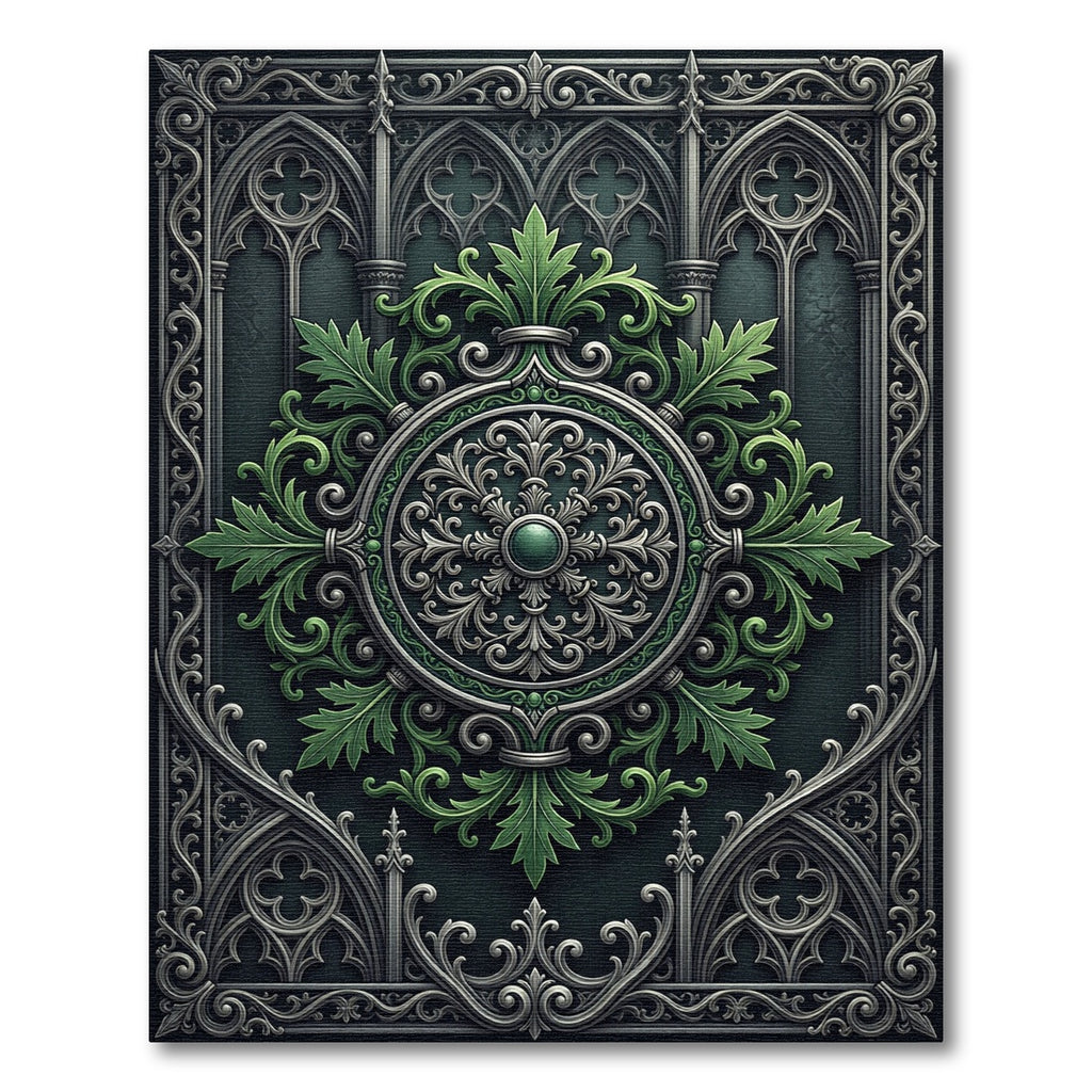 Gothic Emerald Silver Ornate Medallion Rug