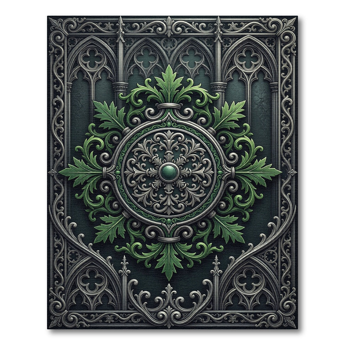 Gothic Emerald Silver Ornate Medallion Rug