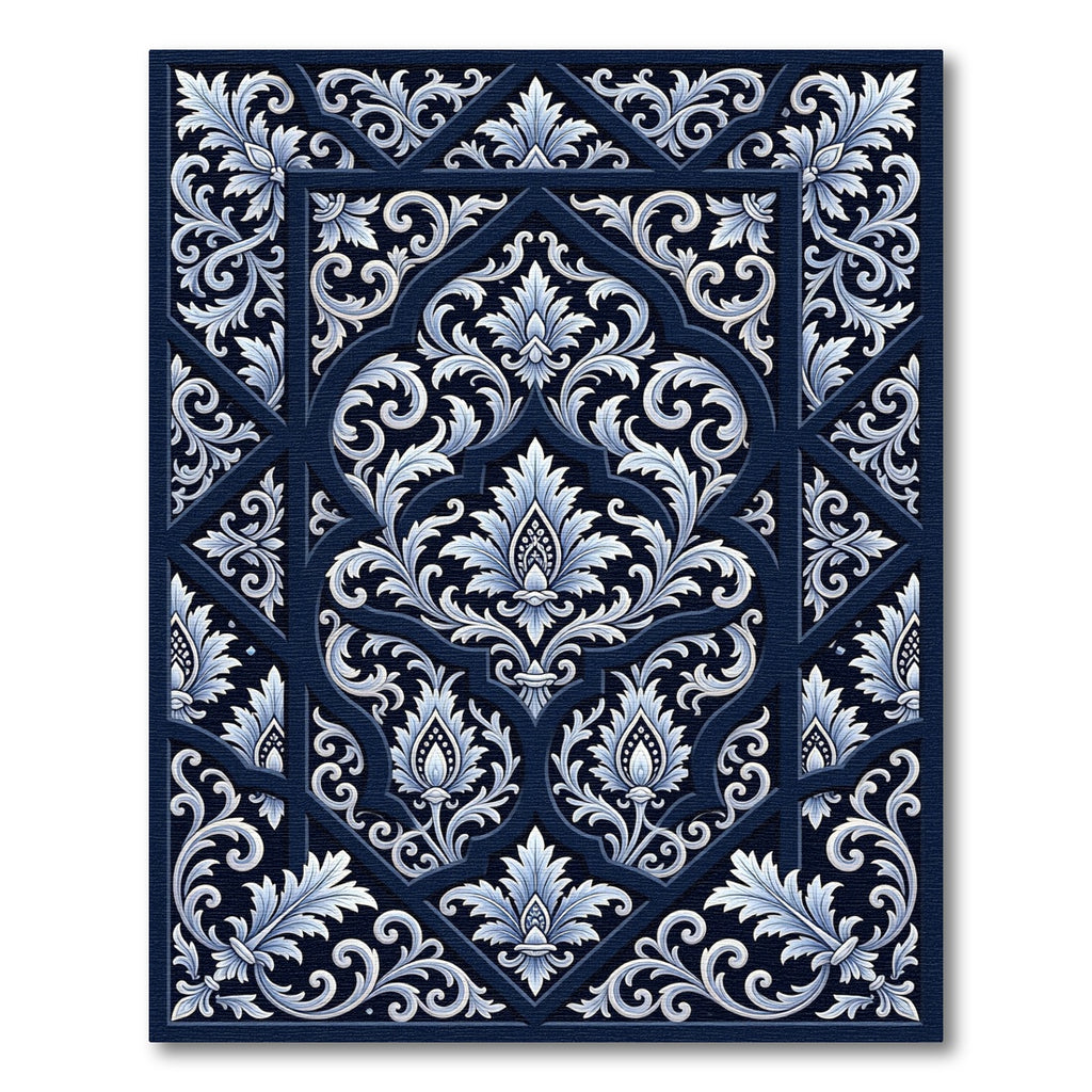 Deep Navy White Floral Lattice Rug