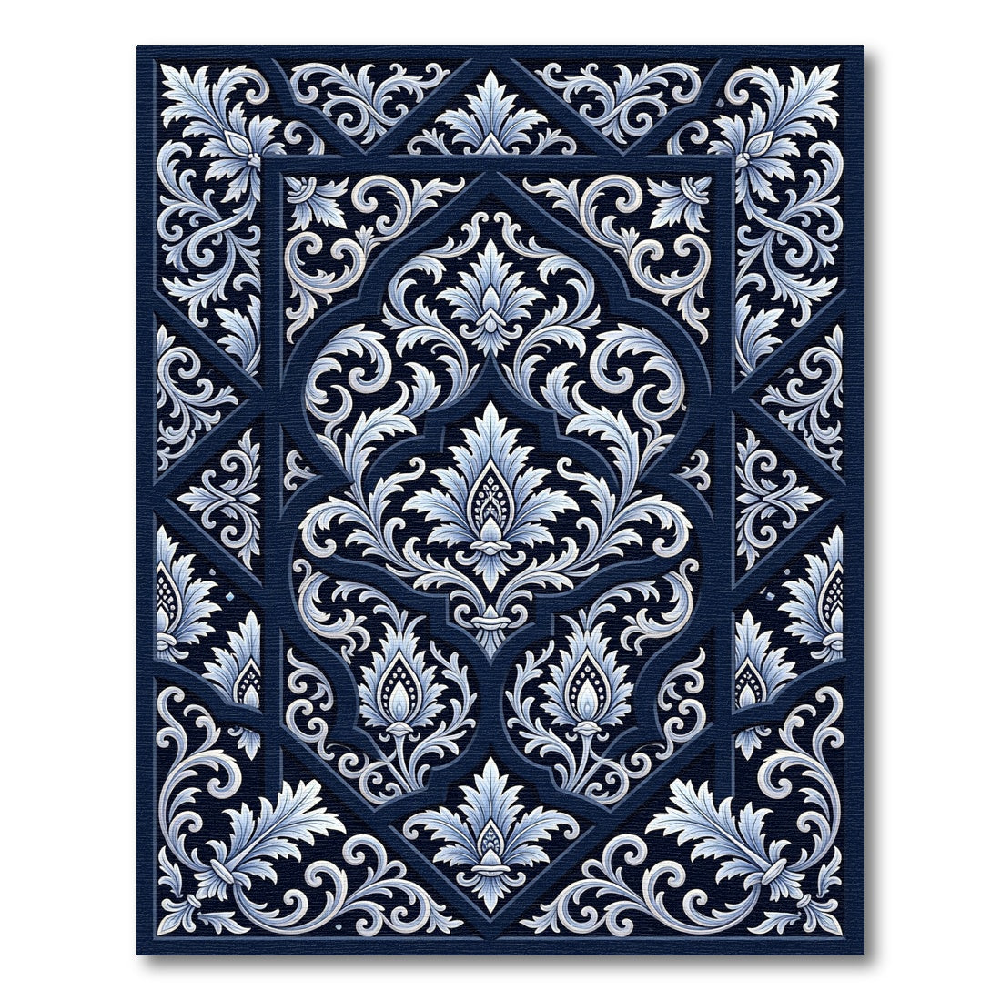 Deep Navy White Floral Lattice Rug
