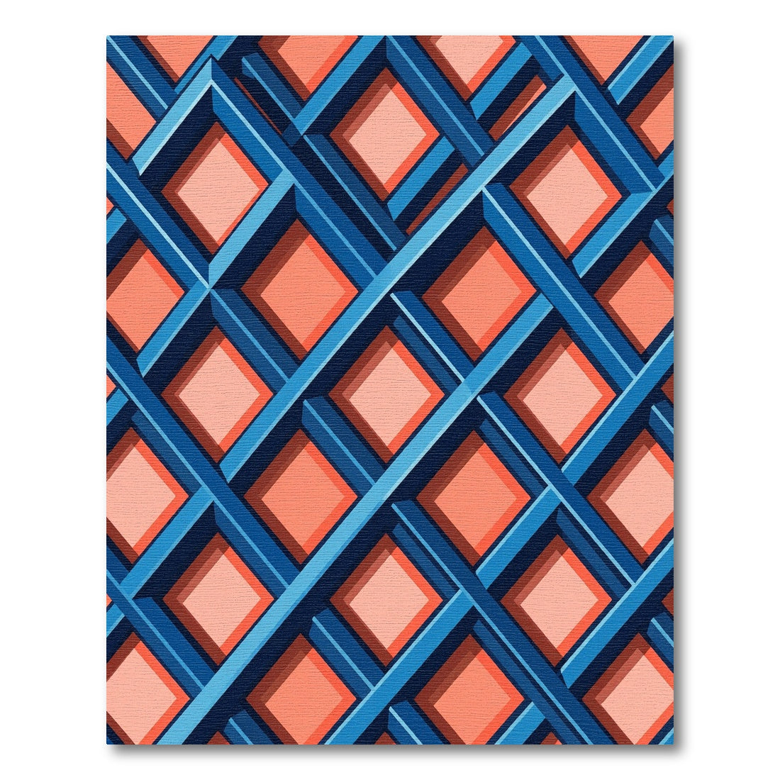 Geometric Blue and Coral Lattice Rug