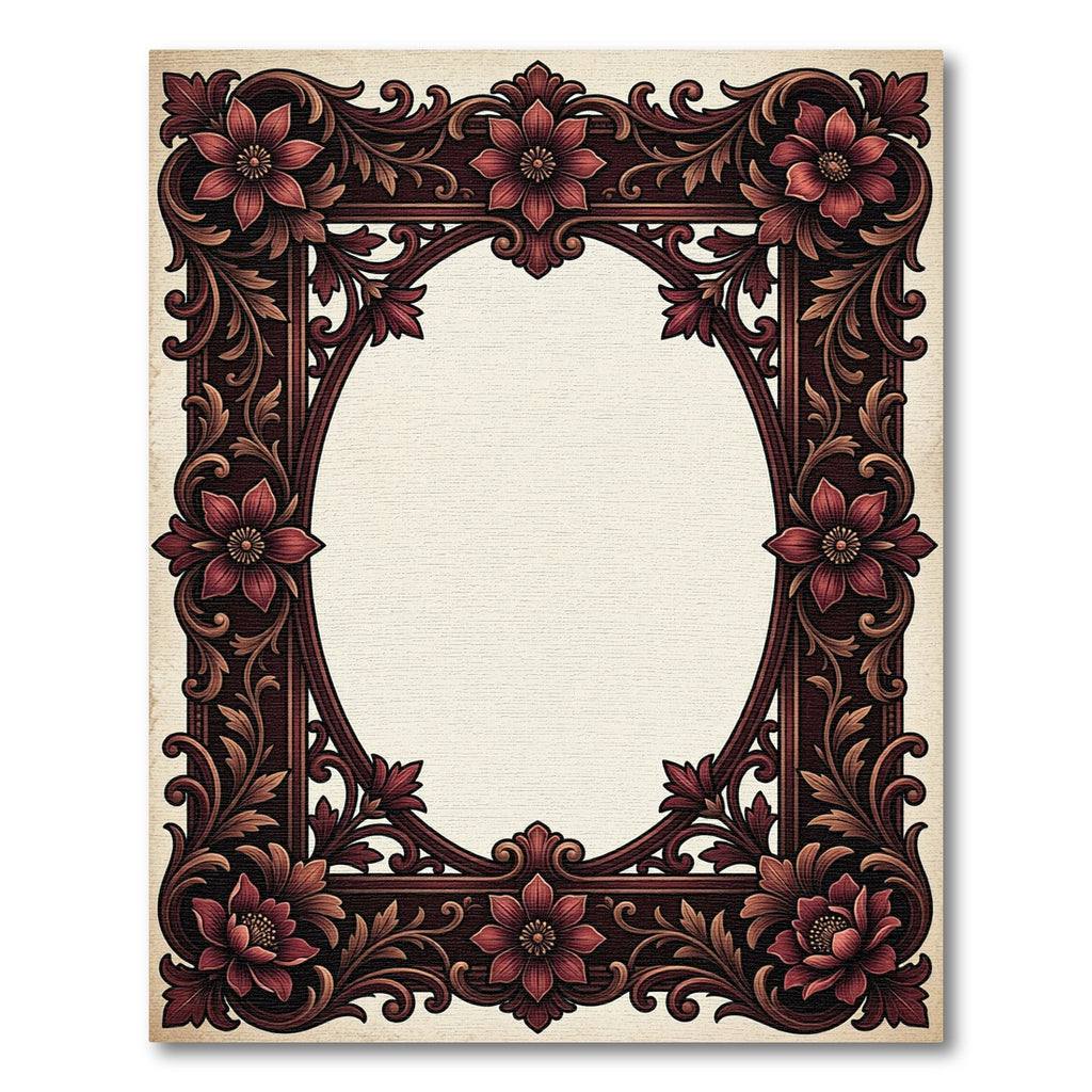 Ornate Burgundy Floral Scroll Frame Rug