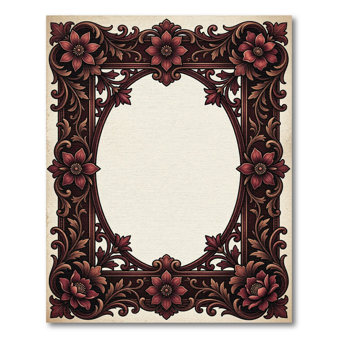 Ornate Burgundy Floral Scroll Frame Rug