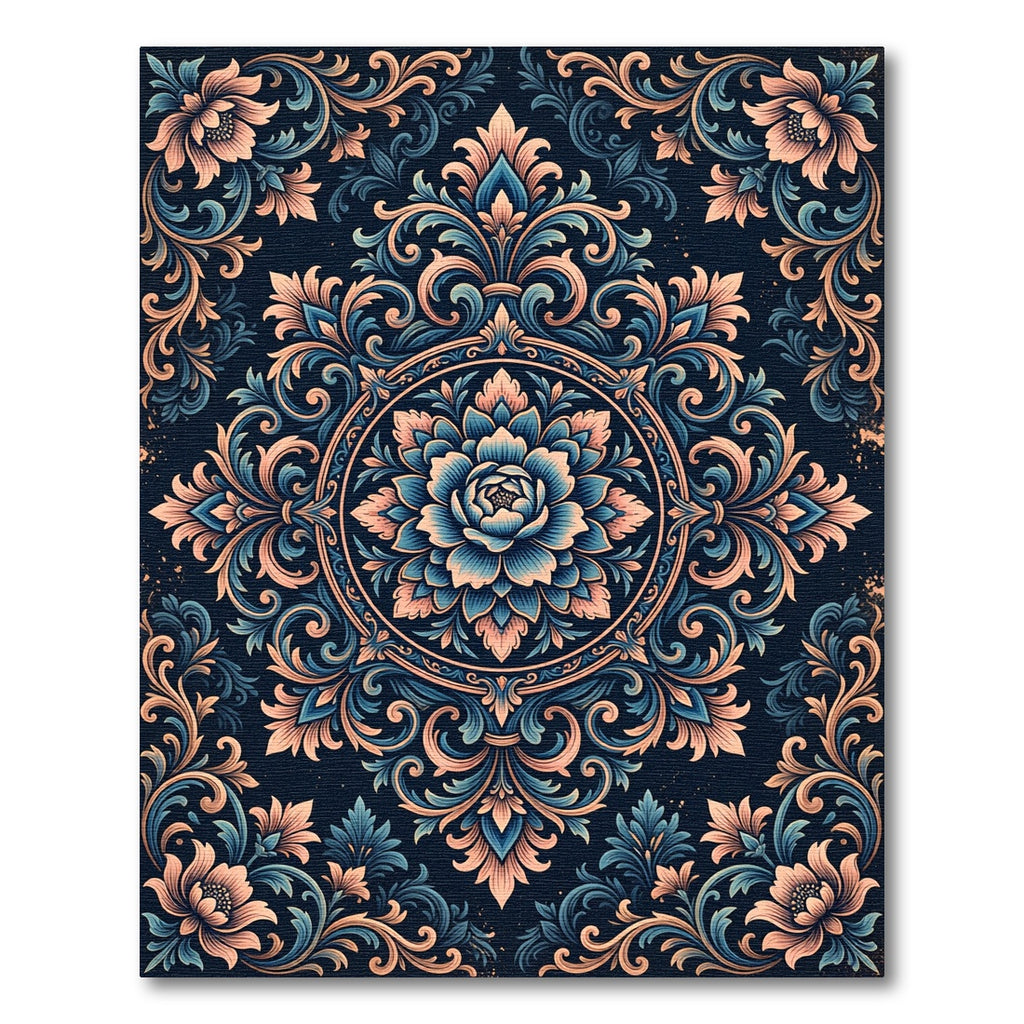 Elegant Navy Blush Floral Damask Rug
