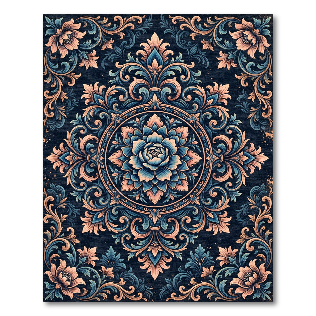 Elegant Navy Blush Floral Damask Rug