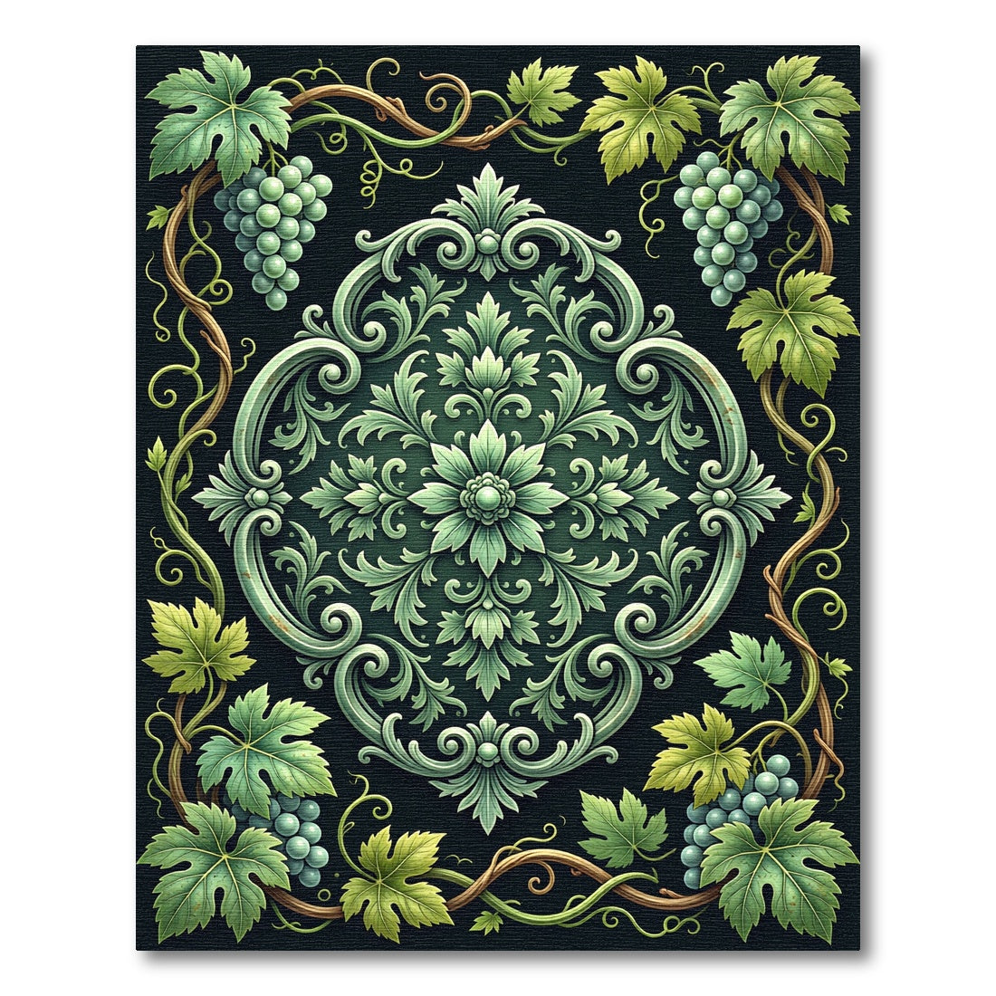 Ornate Emerald Grape Vine Medallion Rug