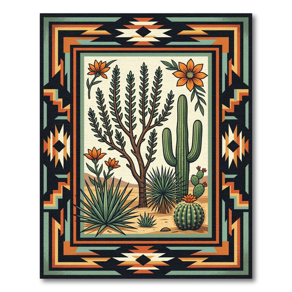 Southwestern Desert Cactus Geometric Border Rug