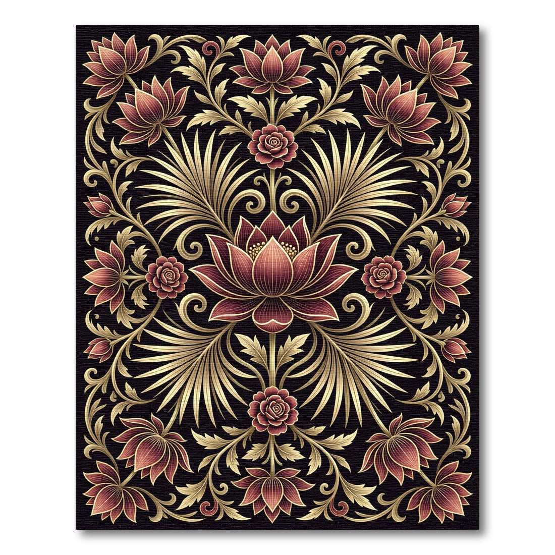 Gilded Lotus Crimson Floral Art Nouveau Rug