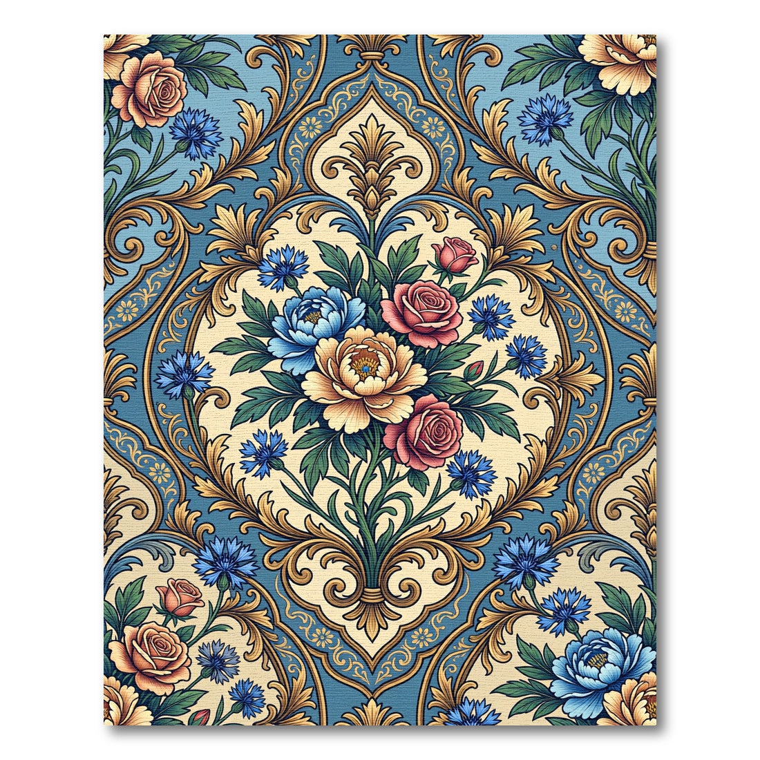 Damask Blue Floral Medallion Rug