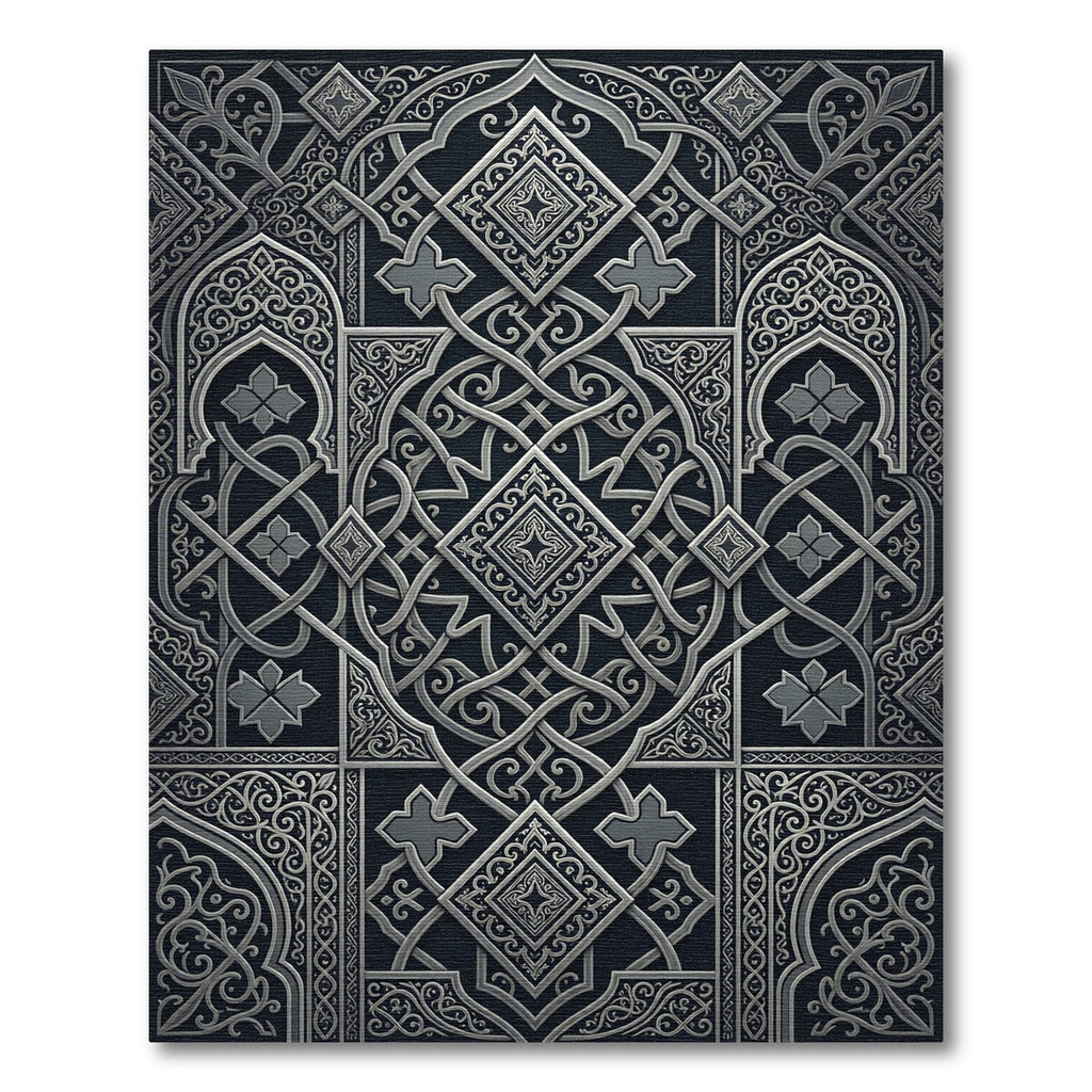 Silver Ornate Arabesque Interwoven Entwined Geometric Rug