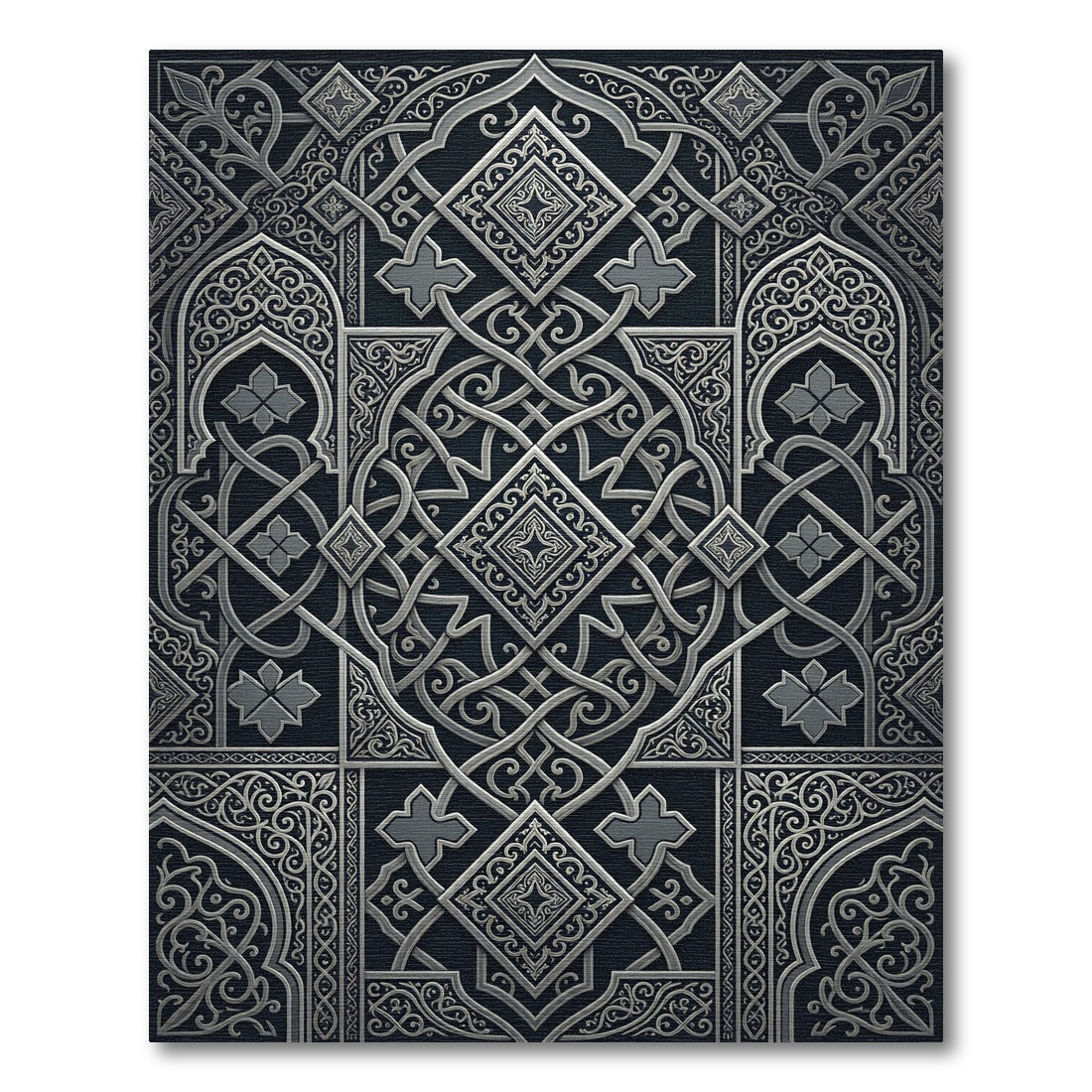 Silver Ornate Arabesque Interwoven Entwined Geometric Rug