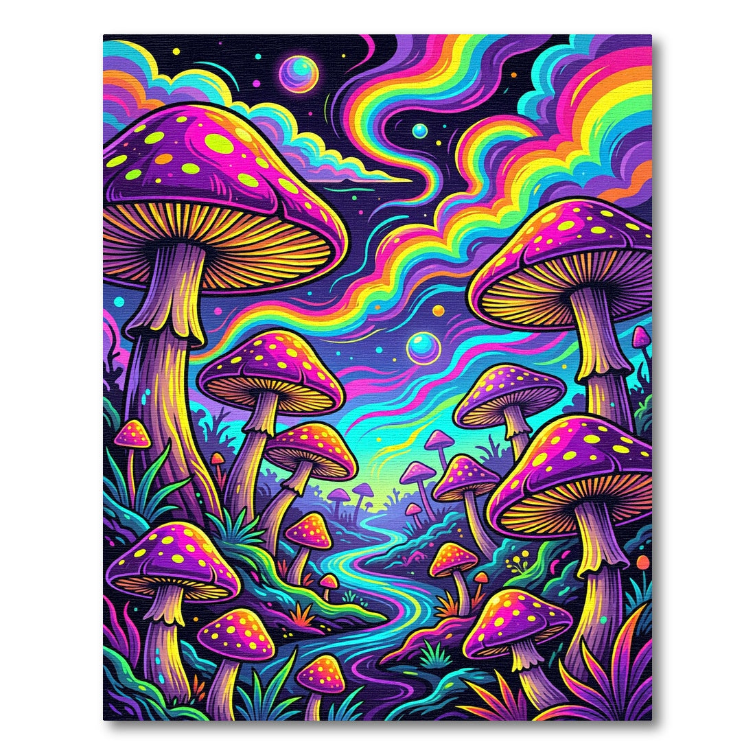 Vibrant Neon Mushroom Fantasy Landscape Rug