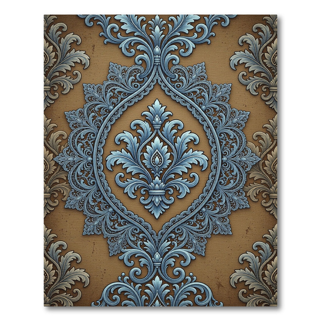 Elegant Blue Scrollwork Brown Damask Rug