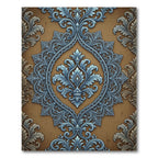 Elegant Blue Scrollwork Brown Damask Rug