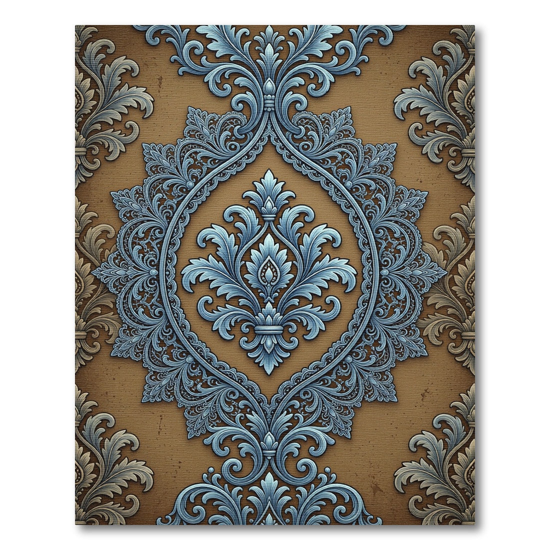 Elegant Blue Scrollwork Brown Damask Rug