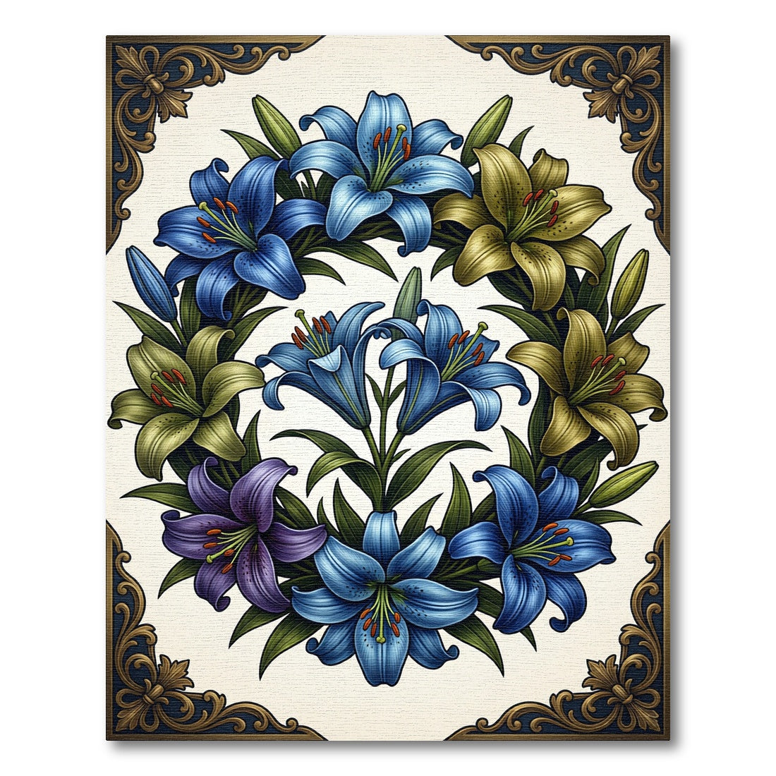 Elegant Blue and Gold Lily Wreath Rug