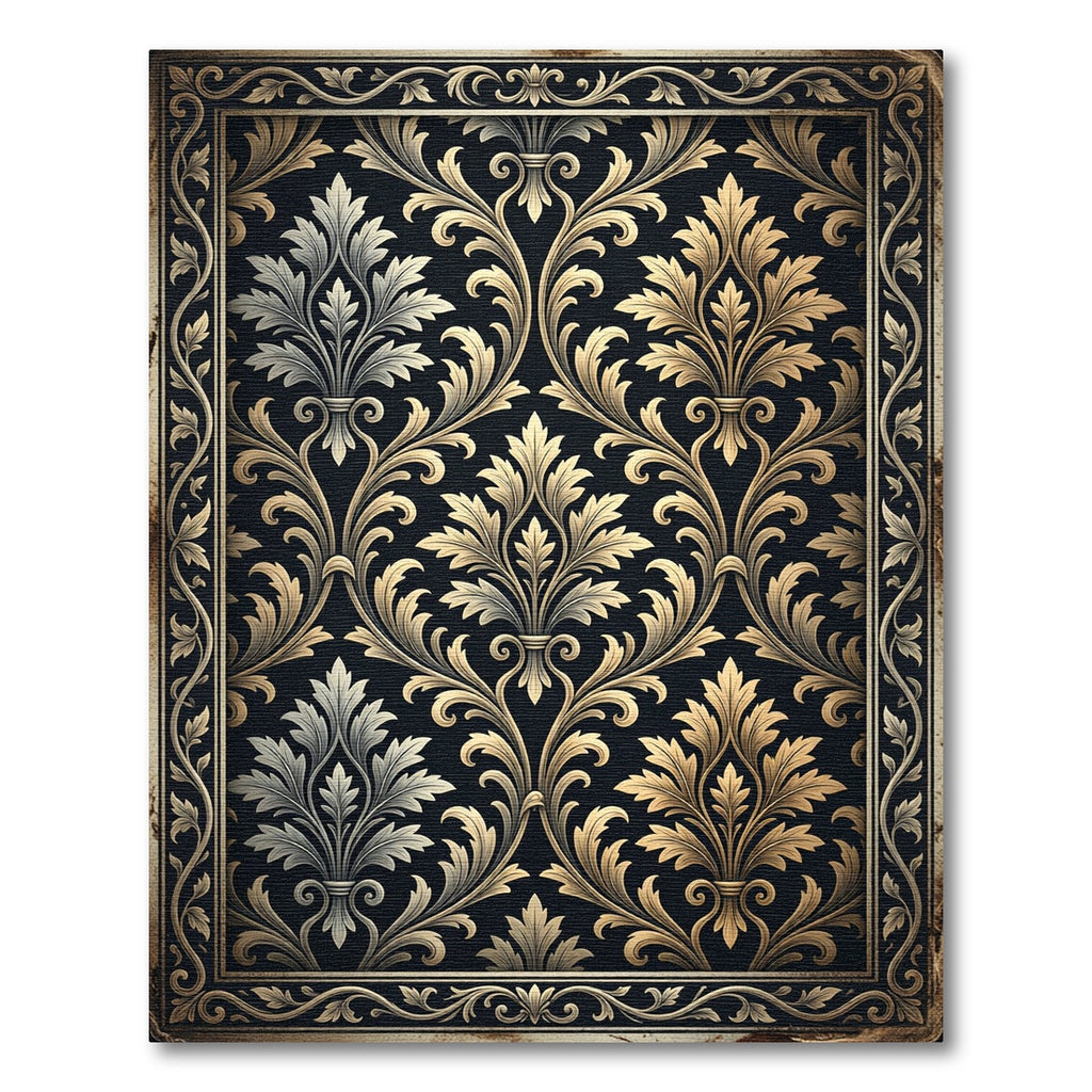 Elegant Gold and Charcoal Damask Scroll Rug