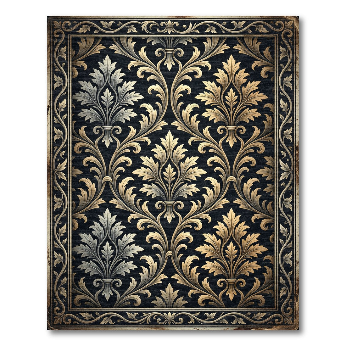 Elegant Gold and Charcoal Damask Scroll Rug