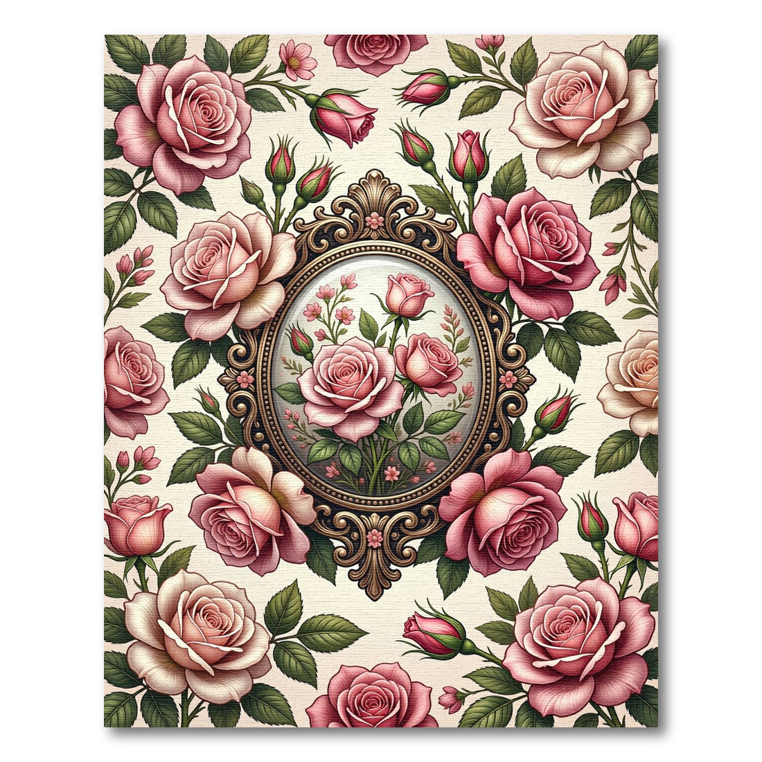 Romantic Pink Rose Filigree Frame Rug