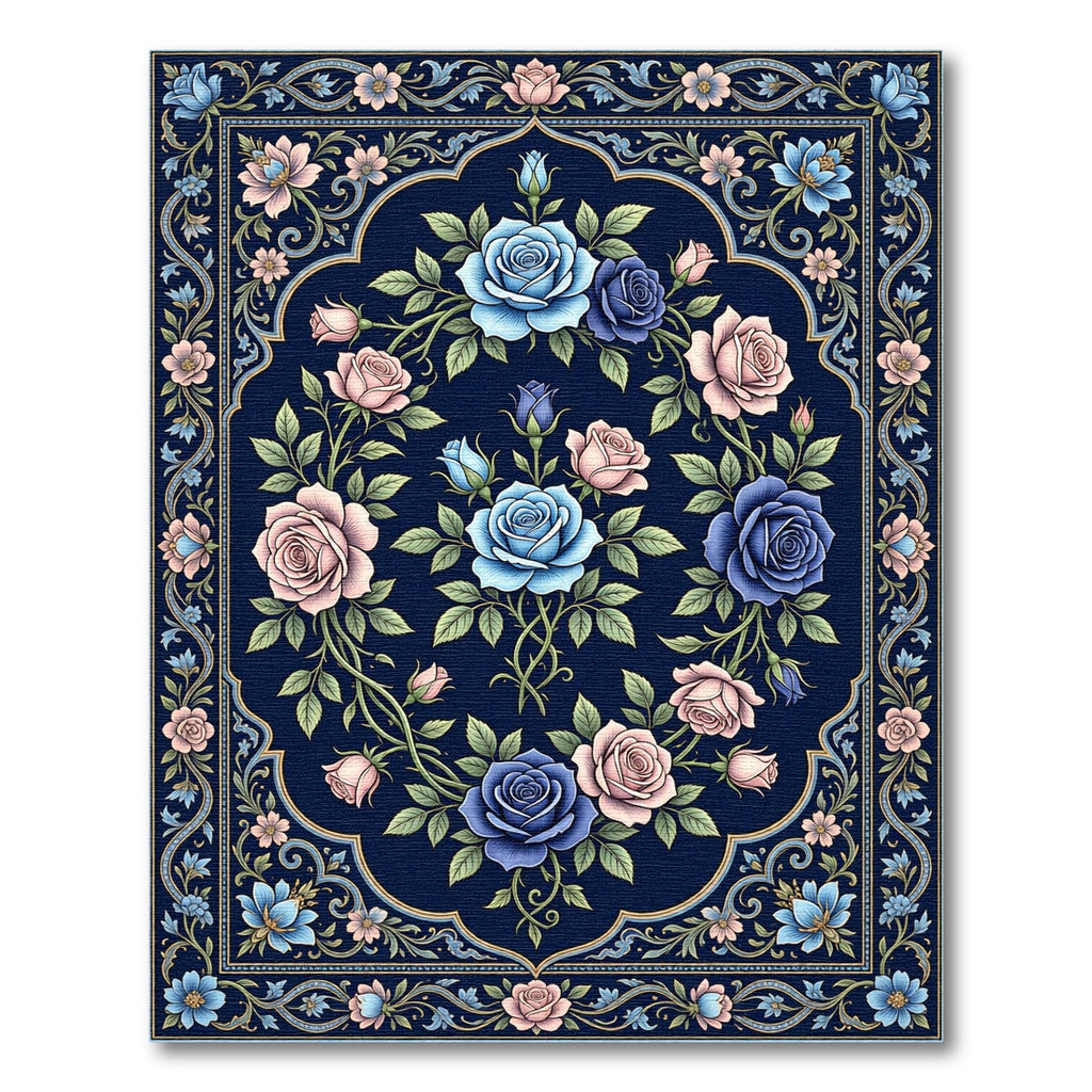 Navy Blue Floral Rose Bouquet Rug