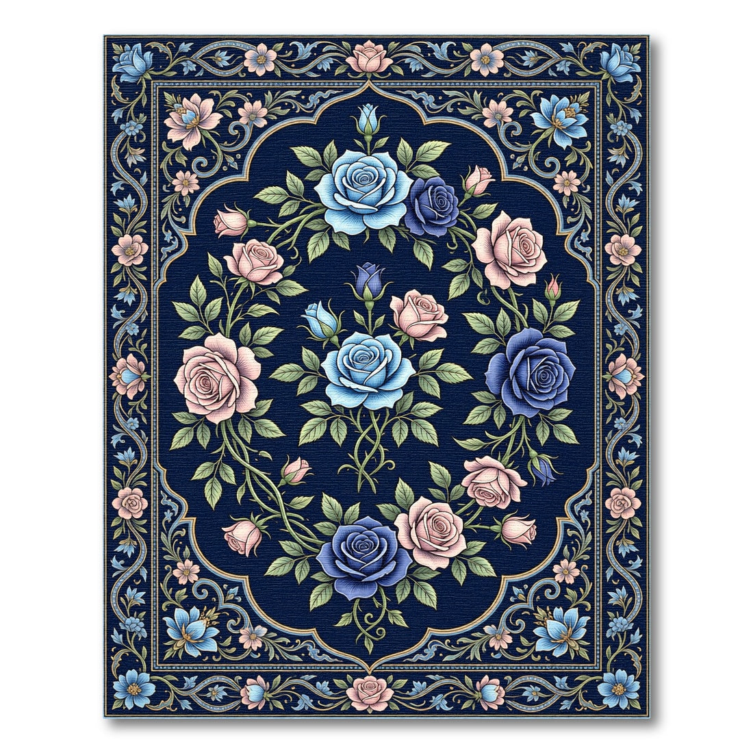 Navy Blue Floral Rose Bouquet Rug