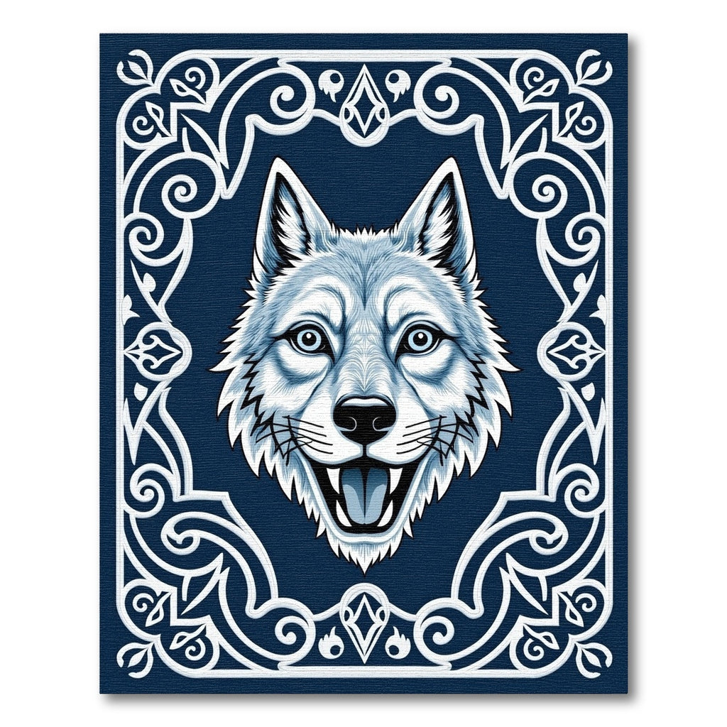 Bold Blue Wolf Tribal Frame Rug