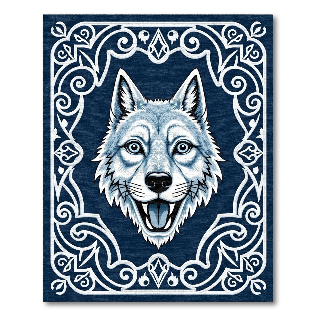 Bold Blue Wolf Tribal Frame Rug