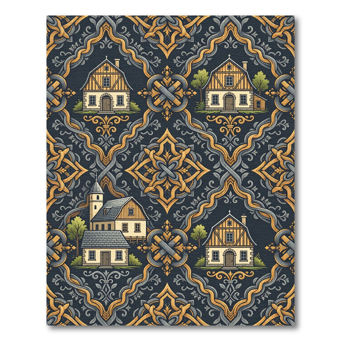 Yellow Village Crested Frame Rug