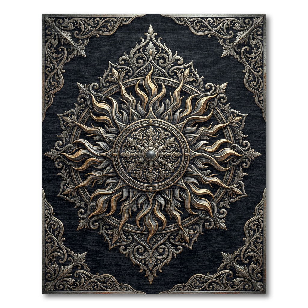Ornate Metallic Gold Sunburst Medallion Rug