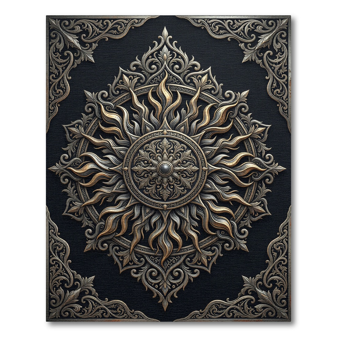 Ornate Metallic Gold Sunburst Medallion Rug