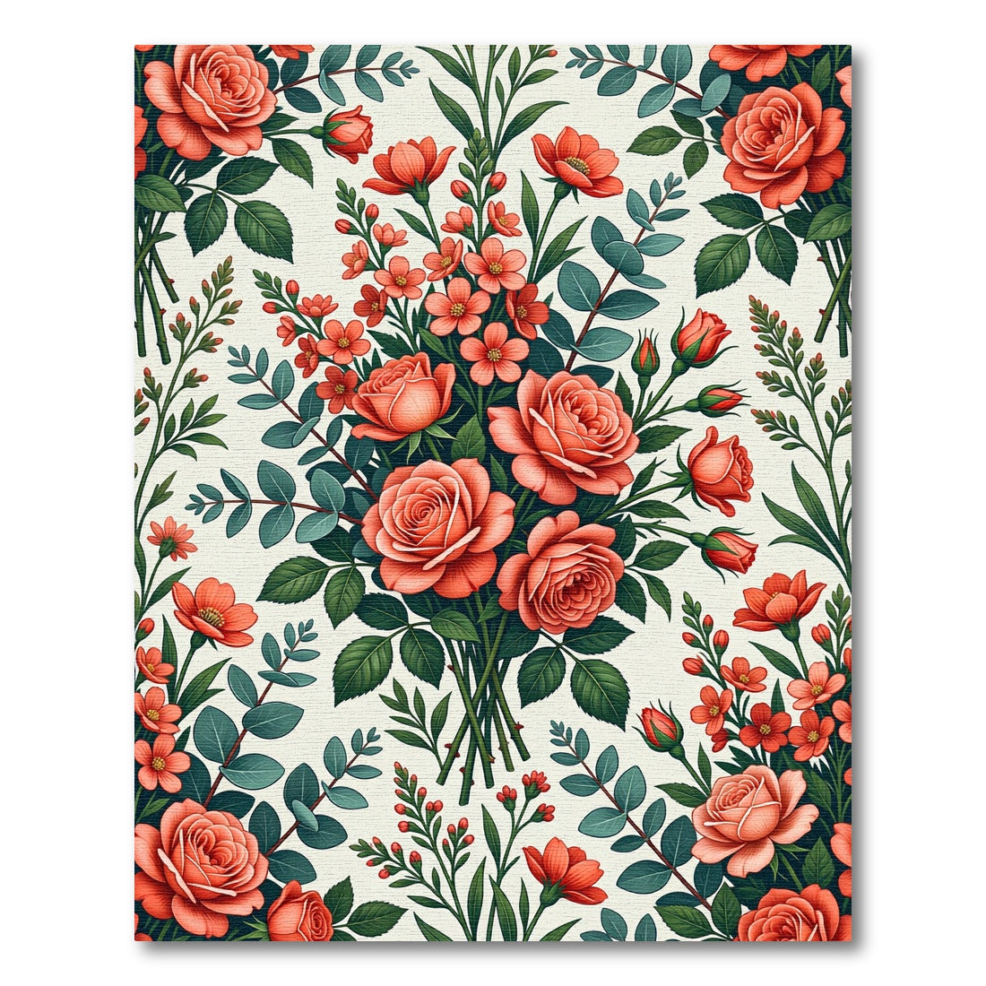 Romantic Coral Rose Floral Bouquet Rug
