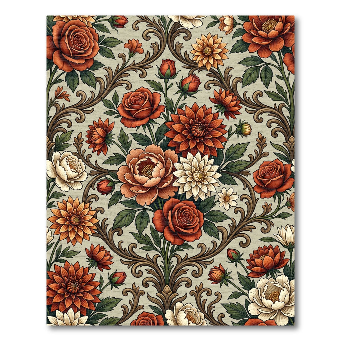 Vintage Autumn Floral Damask Scroll Rug