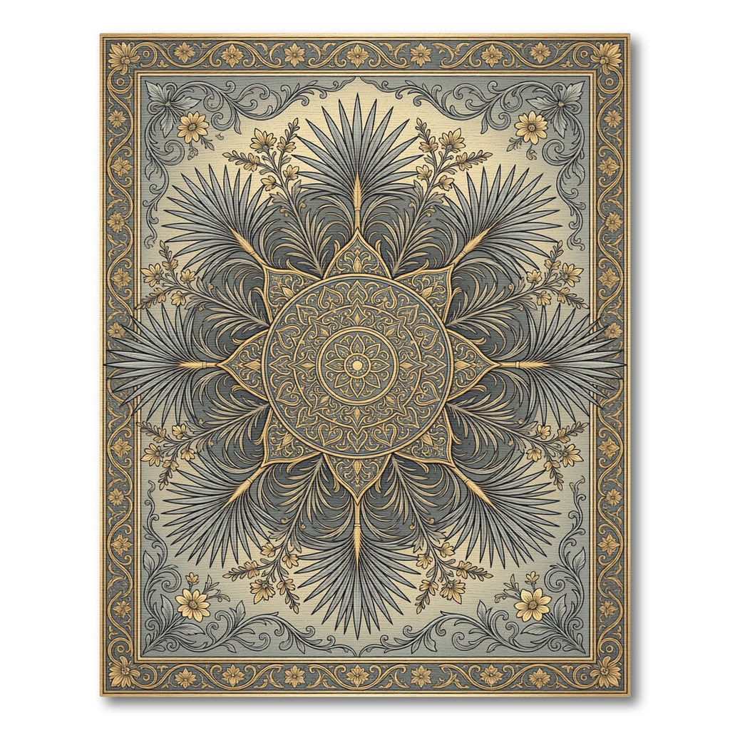 Ornate Gold and Gray Floral Medallion Rug