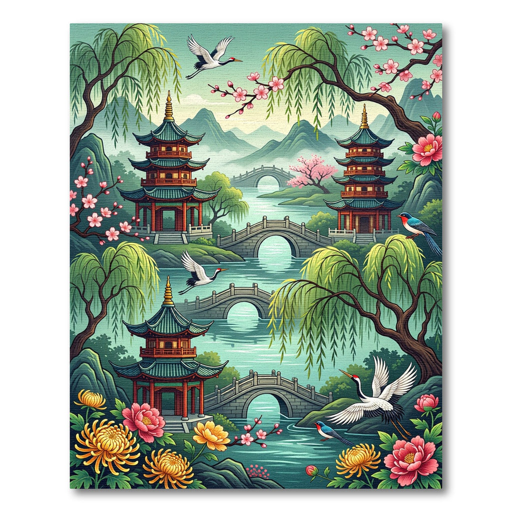 Serene Pagoda Garden Crane Blossom Landscape Rug