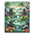 Serene Pagoda Garden Crane Blossom Landscape Rug