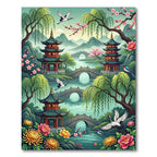 Serene Pagoda Garden Crane Blossom Landscape Rug