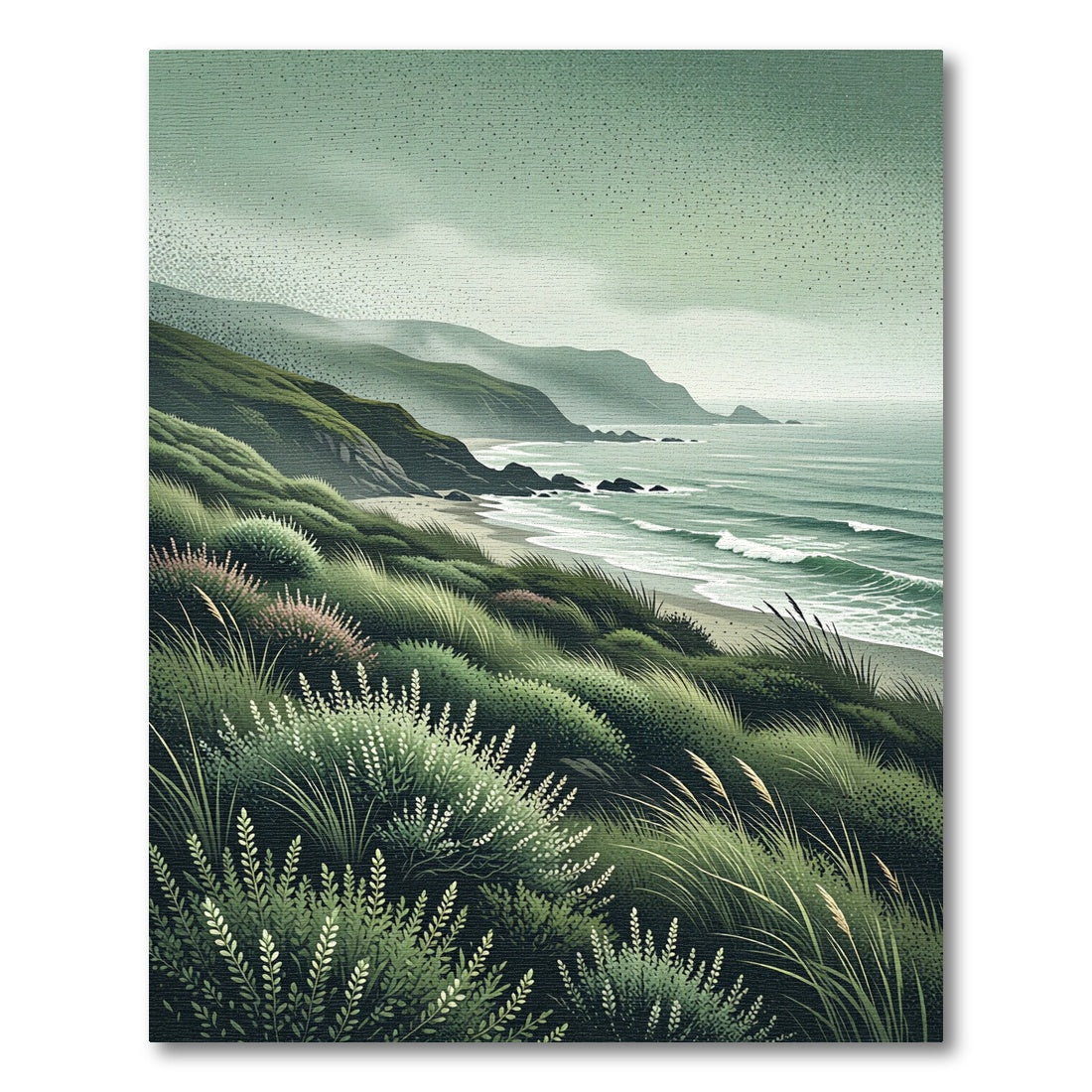 Mist Wrapped Sage Green Coastal Landscape Rug