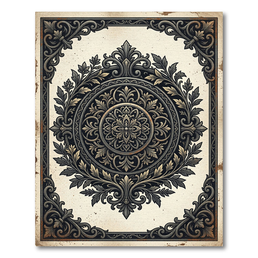 Ornate Charcoal Gold Floral Damask Medallion Rug