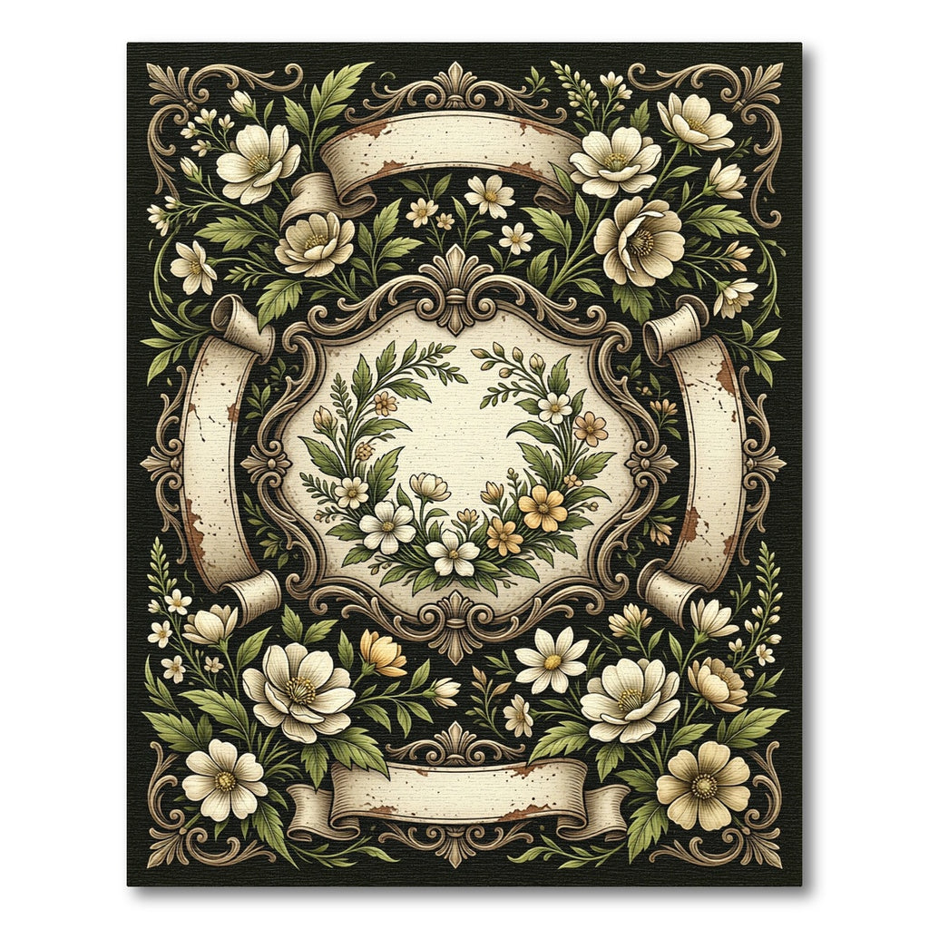 Elegant Vintage Cream Floral Scroll Frame Rug