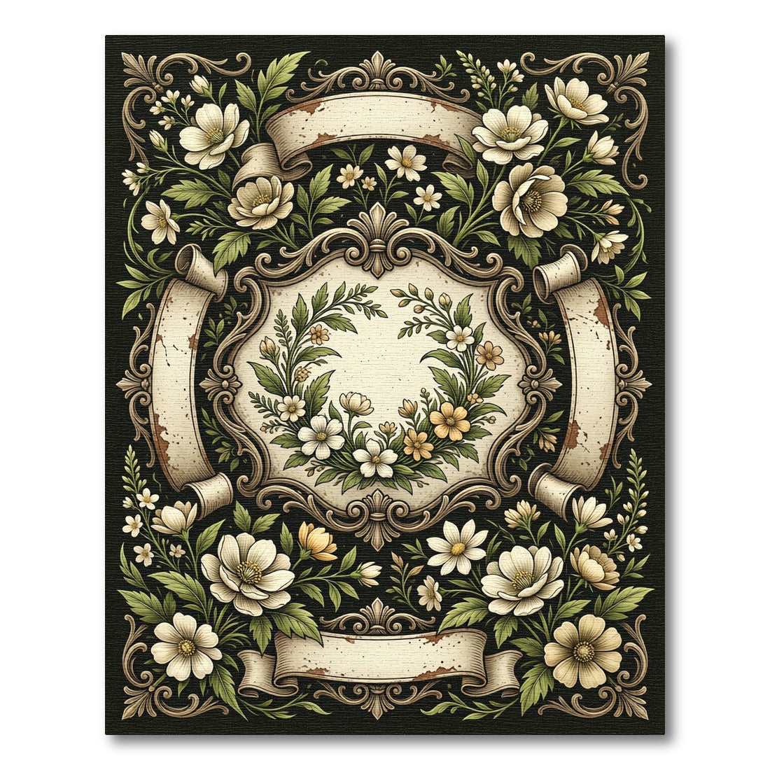 Elegant Vintage Cream Floral Scroll Frame Rug